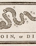 Cut up snake with the initials of the colonies in each section, the words join or die underneath.