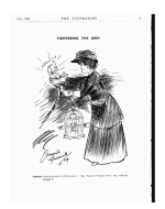 A political cartoon sketch of a woman angrily holding a parrot with a man's face. "Tightening the grip" is written at the top and "Say votes for women then!" at the bottom.