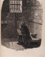 Black-and-white etching of a terrified prisoner in a Victorian jail