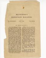 Folio 1 is a loose leaf of the July 1889 printing of the first page of Blackwood's Edinburgh Magazine.  There are no markings on this page except for a number "1" in square brackets in the upper right corner which does not seem to be in Wilde's handwriting. This page is not affixed into notebook in the same manner as other pages from Blackwood's in the manuscript. There is a brown stain on the top center of the page that may resemble the color of the stain on the cutout in folio 15.