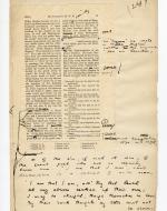 Folio 24 contains a full page (p. 15) from the Blackwood's 1889 printing glued down onto a notebook page. Wilde's annotations are on the Blackwood's page  as well as into the margins of the noetbook page. Lengthier additions are annotated in the bottom margin. There is also a partly visible circled "INS" written on the notebook page that is mostly covered with the Blackwood's page. This annotation seems to refer to Wilde's insertion at the bottom of the page. 