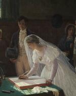 A bride signs the wedding register in front of her husband and the officiant; friends and family in the background.