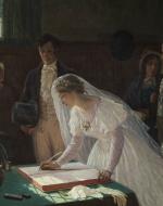 I have included Edmund Blair Leighton’s “The Marriage of the Reverend Robert Lowry”, an illustration which features a bride signing the marriage register which symbolizes the social “contract” of marriage. The reason why I chose this image is because I believe that this gives perspective to the harsh reality of the marital decision for women. In reality, marriage was negotiated through a dowry which is to be paid by the father of the bride. Relating this to Pride and Prejudice, Elizabeth’s uncle comments th