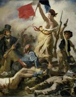 A bare-chested woman holds up the French flag in retaliation to the tyrannical monarchy. 