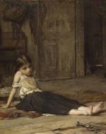 "Holl made his name as a painter of genre subjects, before turning to portraits. This painting was one of his earliest successes when exhibited at the Royal Academy in 1867. A young girl gazes into the fire, oblivious of the cat whose saucer is broken. The birdcage, a common attribute of servitude, indicates that she is a servant or a hard-worked daughter of the house."