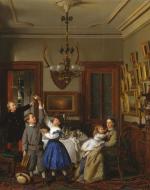 Woman and children in dining room 