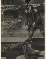 Hunched Mr. Hyde looking down at the dead body of Carew in front of him