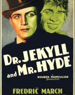 Movie poster of Dr. Jekyll standing to the left of the monstrous Mr. Hyde