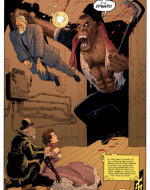 A large, ape-like creature enters a room holding an unconscious man in one hand and a bloody cane in another, with another man and woman looking in horror.