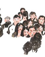 Painting depicts a group of people walking about in a crowded space.