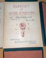 cover of the Rubáiyát of Omar Khayyám in the dark green and gilt gold cloth with the Art Deco typeface , 59 loose pages inside the unbound edition of the book, one of the many illustrations that "shocked" some readers due to the nudity and , 