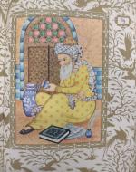 Image on page 89 of an old man sitting on the floor looking at a cup he holds in his hand