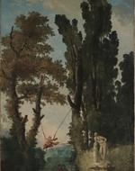 Child on swing in the air between two trees. Nearby, a few children watch while sitting near a statue.