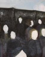 A painting of a small crowd of faceless figures. Their hair colors are distinct, and shadows under the brows, chin, and nose give the impression of faces, but there are no distinct facial features on any of them. The enviornment seems to be an underground train station, with dark walls and a white ceiling.