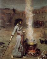 A woman standing in front of a cauldron with a staff and a sickle. 