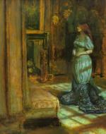  The protagonist of John Keats' Eve of St Agnes Madeline stands in the middle of a bedroom in her bodice with her dress around her knees. She is lit with a lattice effect from a stained glass window which bathes her in a teal light. She is at the foot of a four poster bed. 