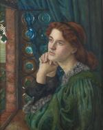 Alternate Text: A woman in a green dress sits in front of an open window with a blue curtain behind her. She is look into the distance, not at the viewer, or out of the window but off to the left hand side of the image