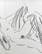 A black and white image of a woman and a swan participating in oral sex acts