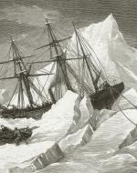 A 1818 expedition ship stuck in the ice. The sailers are feeling from the vessel because it is stuck frozen. 