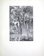 The black-and-white line drawing shows a naked man with flowers in his hair int he foreground at right, gesturing to a group of naked men grouped on the river bank behind him.