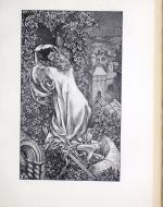 The black-and-white line drawing shows a robed young man kneeling on a tower's embowered window, embracing an invisible form.