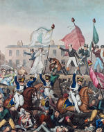 Black and White artist depiction of the Peterloo Massacre where horses were to trample people.