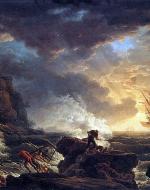 People helplessly trying to pull a shipwreck onto shore against huge waves. 