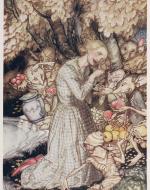 Laura gives a lock of hair, Goblin Market, illustrated by Arthur Rackham