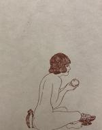 Nude woman sitting down eating an apple