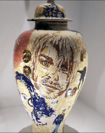 Perry, Grayson. Photo of Sex and Drugs and Earthenware. 1995. Dedtl. 