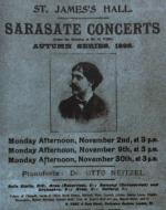 Three dates of Sarasate concerts at St. James's Hall listed with photo of Sarasate in center.