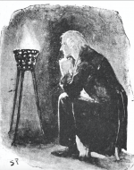 a man sits on a stool and stares into a fire