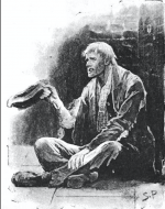 Black and white illustration of Hugh Boone sat on the pavement 