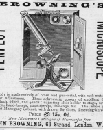 Browning's Perfect Microscope advertised with illustration of microscope and a list of its features.