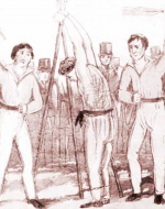 A convict is flogged on a triangle flogging structure