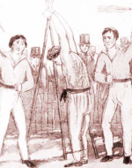 A convict is flogged on a triangle flogging structure