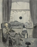 A skeleton sits and reads as the window behind is shattered.  