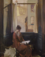 A woman sits by the open window in a red nightgown as she reads a book. 