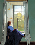 A woman in a dark blue dress sits on a window seat pondering at the window with a red book placed on her knees. 