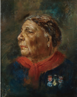 A painted portrait of Mary Seacole is displayed. Looking to the left, she wears six pins on her bust and a red scarf.