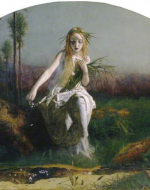 The painting depicts Shakespeare's 'Ophelia' in Hamlet advancing from a log towards water, in the centre of the painting
