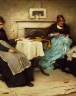 Seamstresses. Frank Holl. 1875. Oil on canvas. Courtesy of the Royal Albert Memorial Museum, Exeter. Catalogue no. 8 in the 2013 Watts Gallery exhibition, Frank Holl: Emerging from the Shadows.