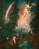 An oil painting of sunlight streaming into a forested space with what appears to be a waterfall in the background. There is a rainbow behind one of the trees reflecting light towards the viewer. Within the sunbeams is an angelic figure, around top middle of the painting. Bottom right, hidden in foliage, is a darker, more demonic figure, and bottom right, a regular, nude human woman amidst flowers.