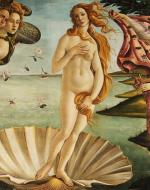 Woman emerges from ocean surrounded by maid and wind.