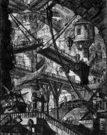 A greyscale etching which depicts a large structure, with unfamiliar architecture including a drawbridge (though it is not over any water), and which has very small human figures dotting its various walkways and bridges.