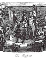 David Copperfield is pictures aboard a docked ship bound for Australia, saying his goodbyes to the Peggottys and the Micawbers.
