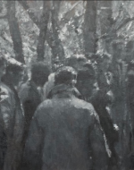 A greyscale painting which depicts a group of people, mostly men, loosely surrounding a male figure who reads from a book. There are trees in the background, and the foremost figure in the crowd has his back to the viewer.