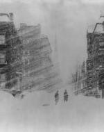 A black and white picture demonstration a blizzard snow storm