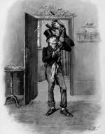 A drawing of Scrooge lifting up Tiny Tim