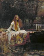 The painting depicts Tennyson's 'The Lady of Shalott' sitting upright in a boat with a solemn expression. She is surrounded by red and brown vegetation
